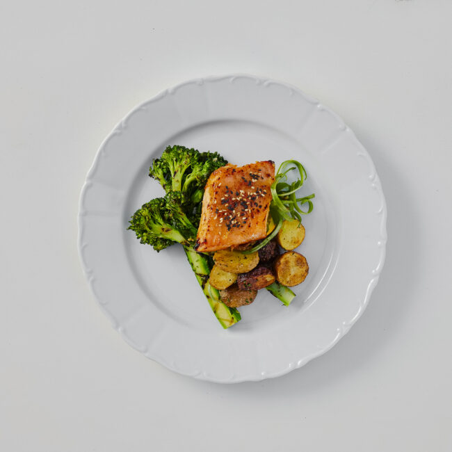 Solera & Co. Miso-Glazed Salmon, Grilled Broccolini, Roasted Potatoes