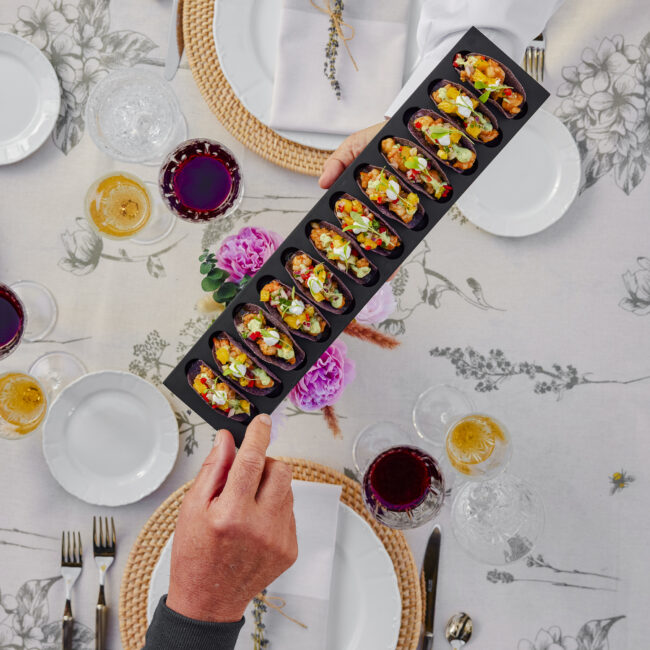 Solera & Co. Mini Shrimp Tacos, Orange Salsa, Avocado Crema