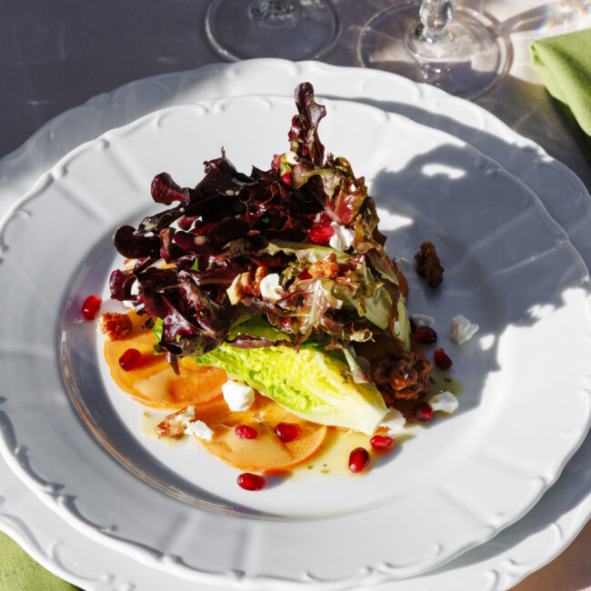 Solera & Co. Baby Jewel Lettuces, Shaved Persimmon, Pomegranate Seeds, Laura Chenel Chevre, Spiced Walnuts, Lemon Walnut Vinaigrette, GF